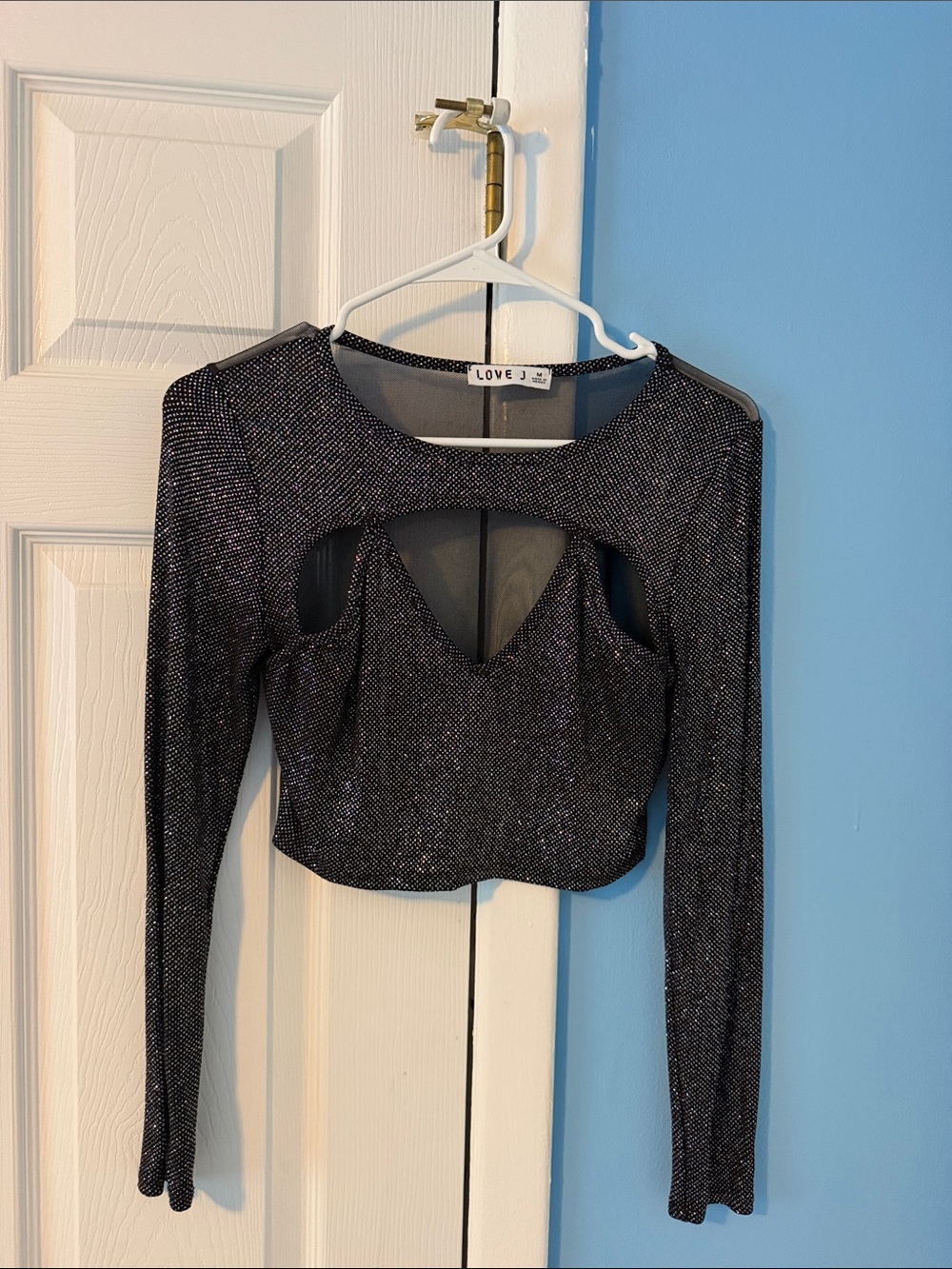 love J Black Sparkle Cutout Long Sleeve Crop Top with Sheer Insets